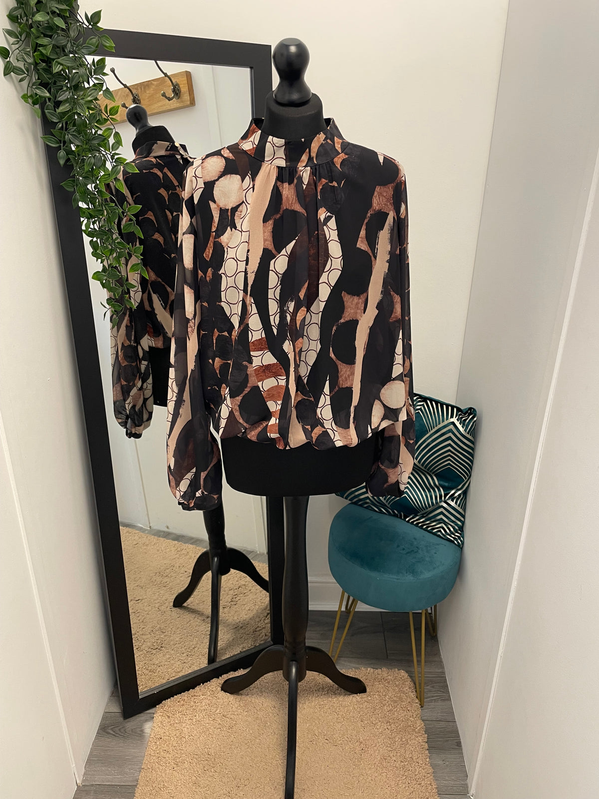 Printed High Neck Bubble Hem Blouses