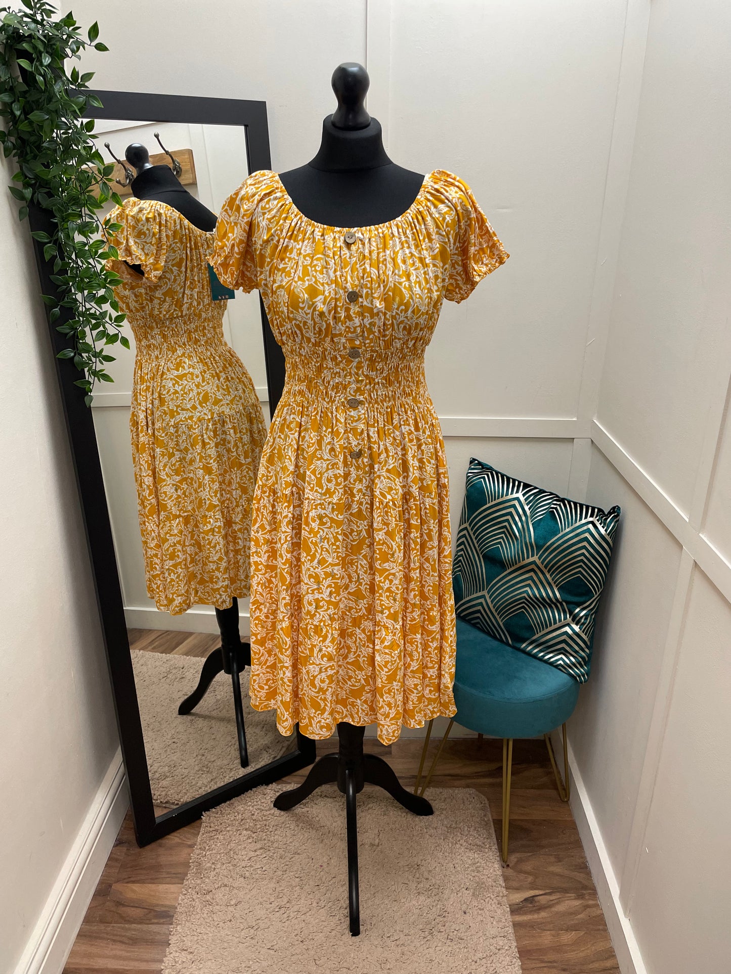 Gold Shimmer Bardot Midi Dress