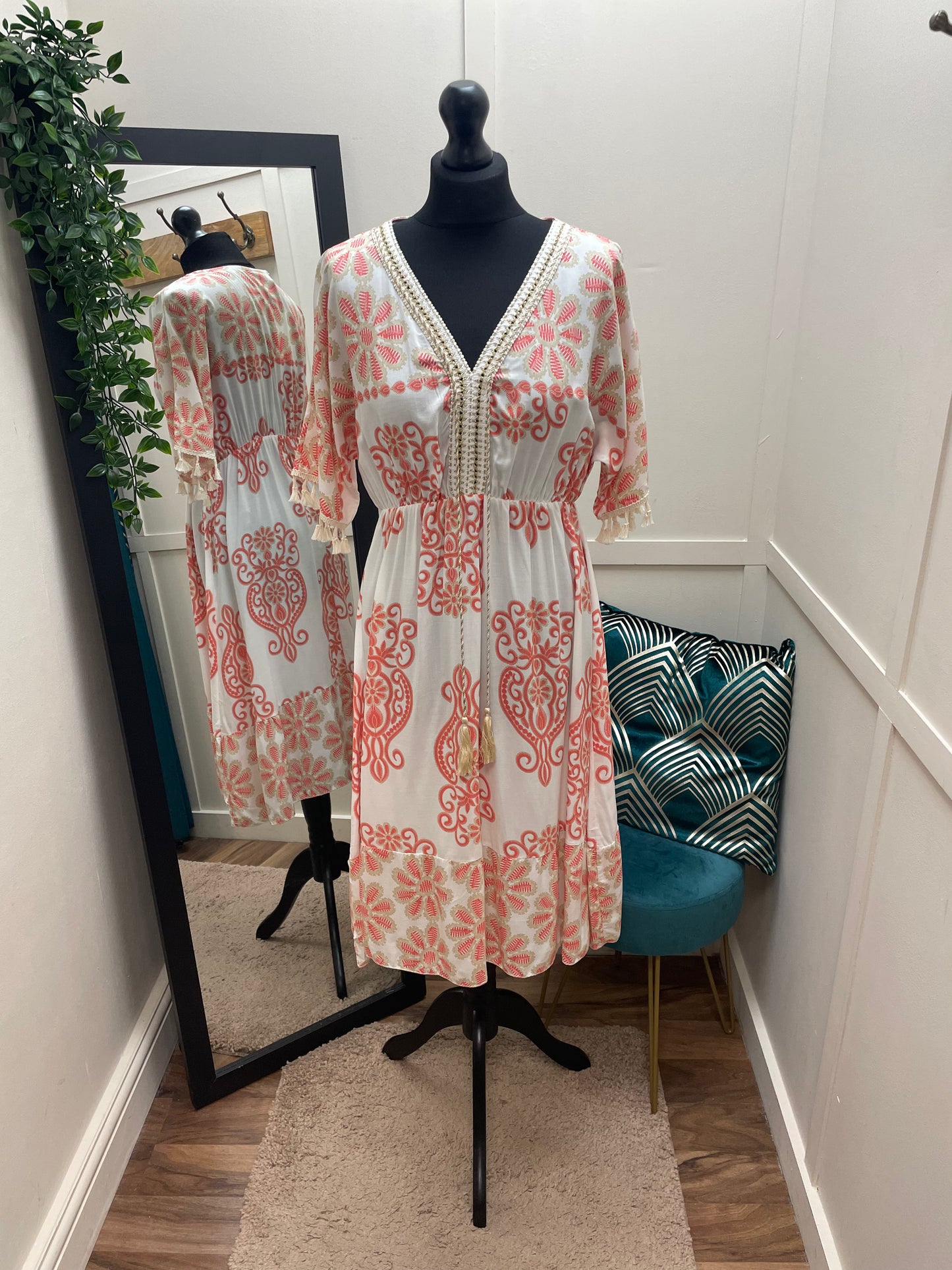 Coral Tassel Trim Dress