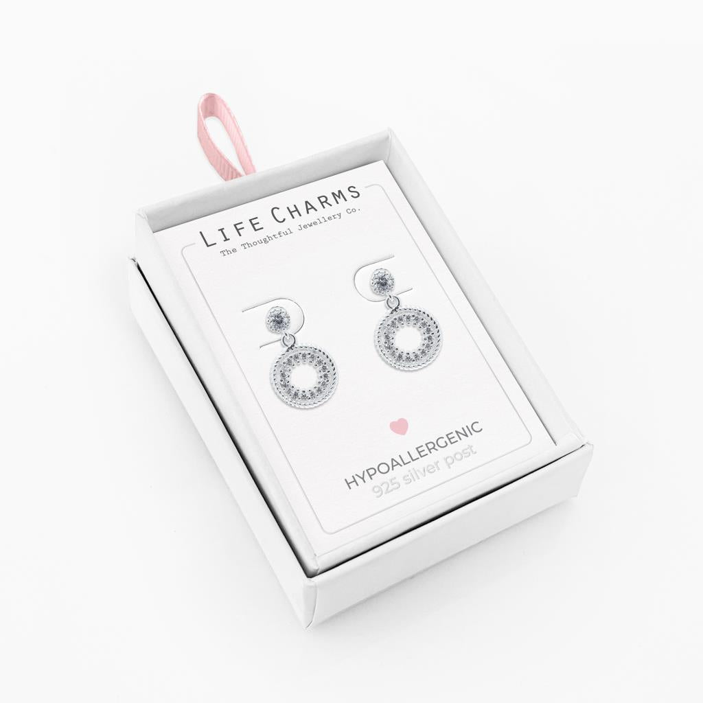 Life Charms Round Drop Silver Earrings