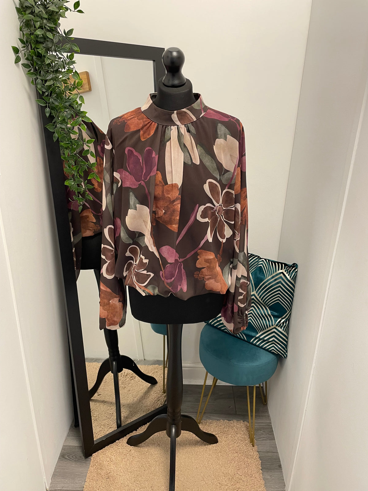 Printed High Neck Bubble Hem Blouses