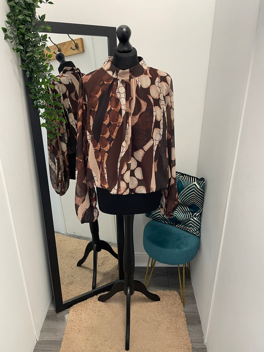 Printed High Neck Bubble Hem Blouses