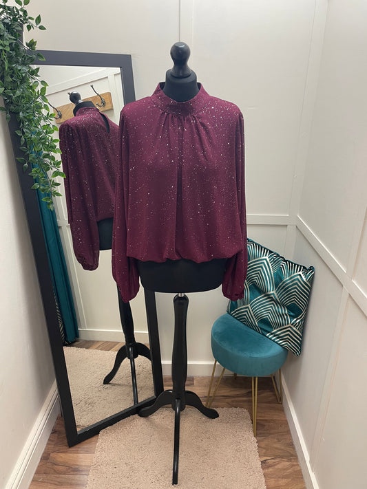 Sparkly High Neck Bubble Hem Blouses
