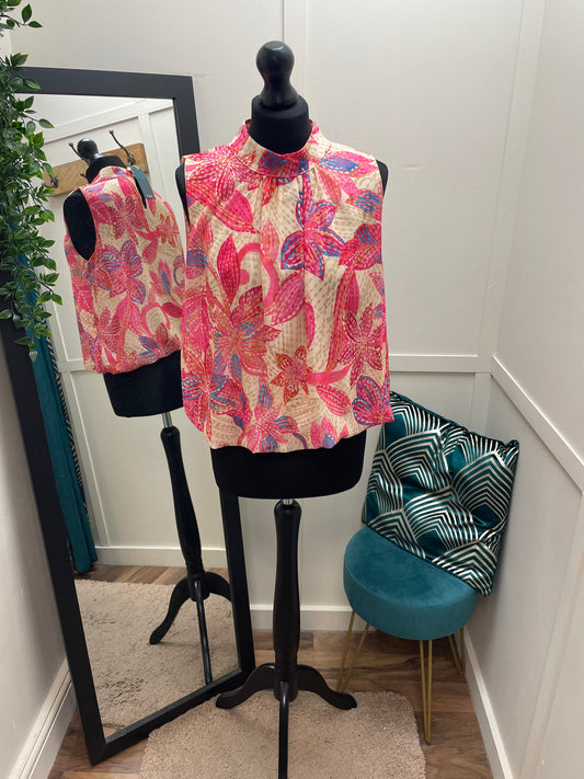 Sleeveless Bright Print High Neck Blouses