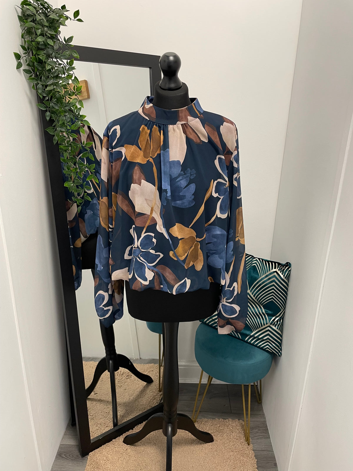Printed High Neck Bubble Hem Blouses