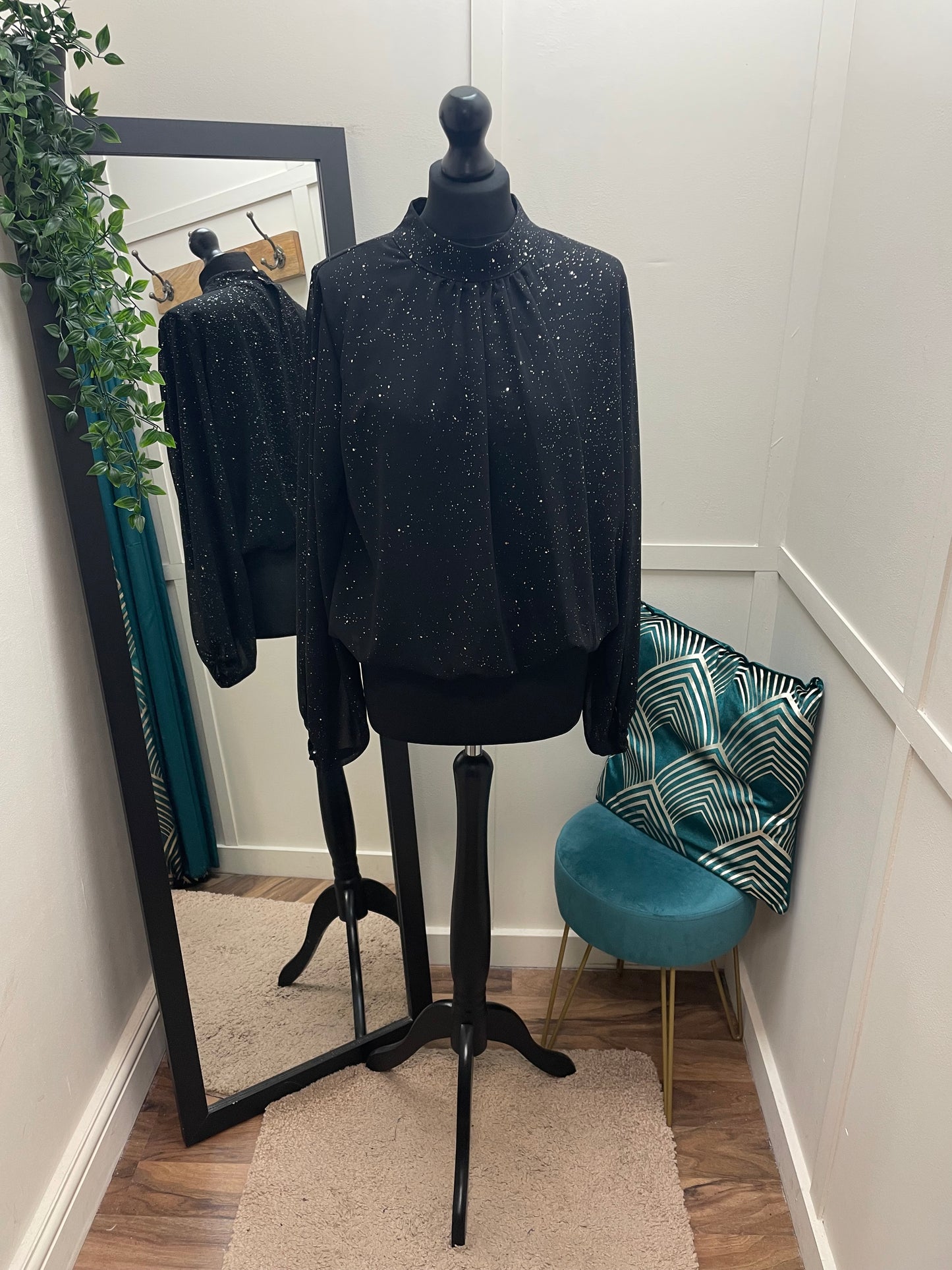 Sparkly High Neck Bubble Hem Blouses