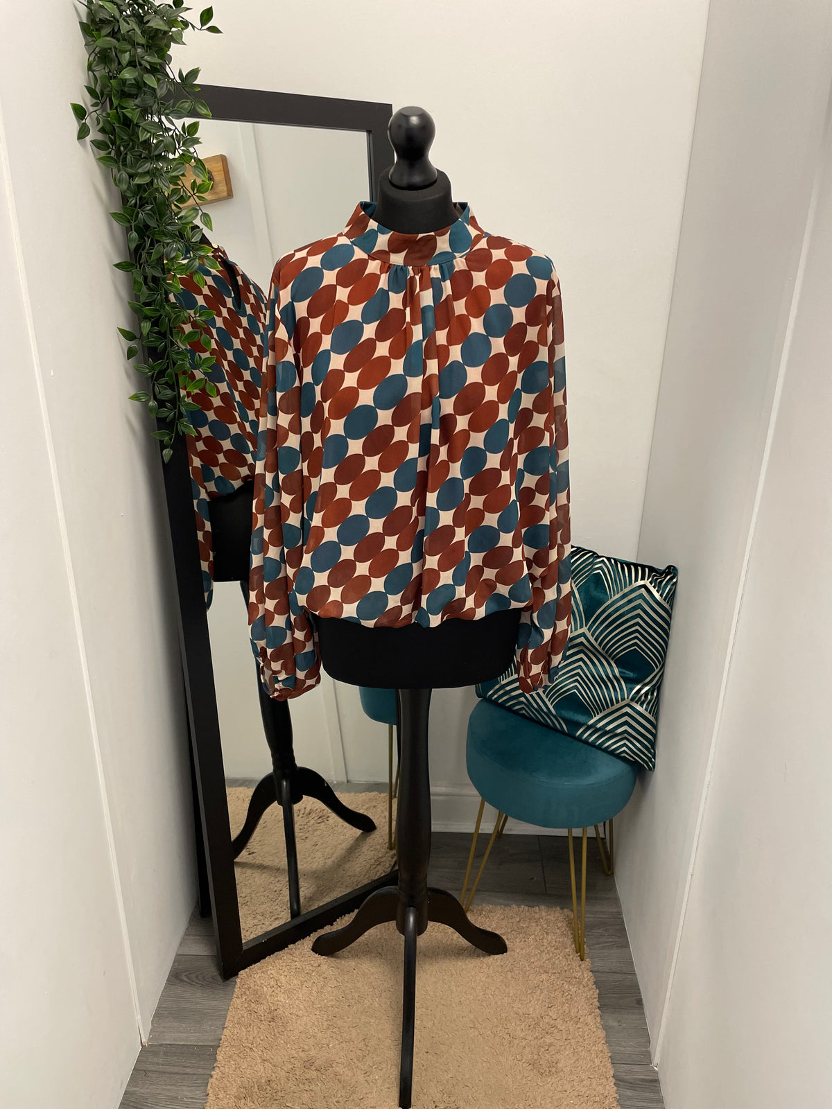 Printed High Neck Bubble Hem Blouses