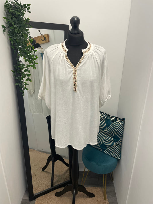 Beaded Floral V-Neckline Tops