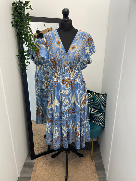 Printed V-Neck Midi Dresses