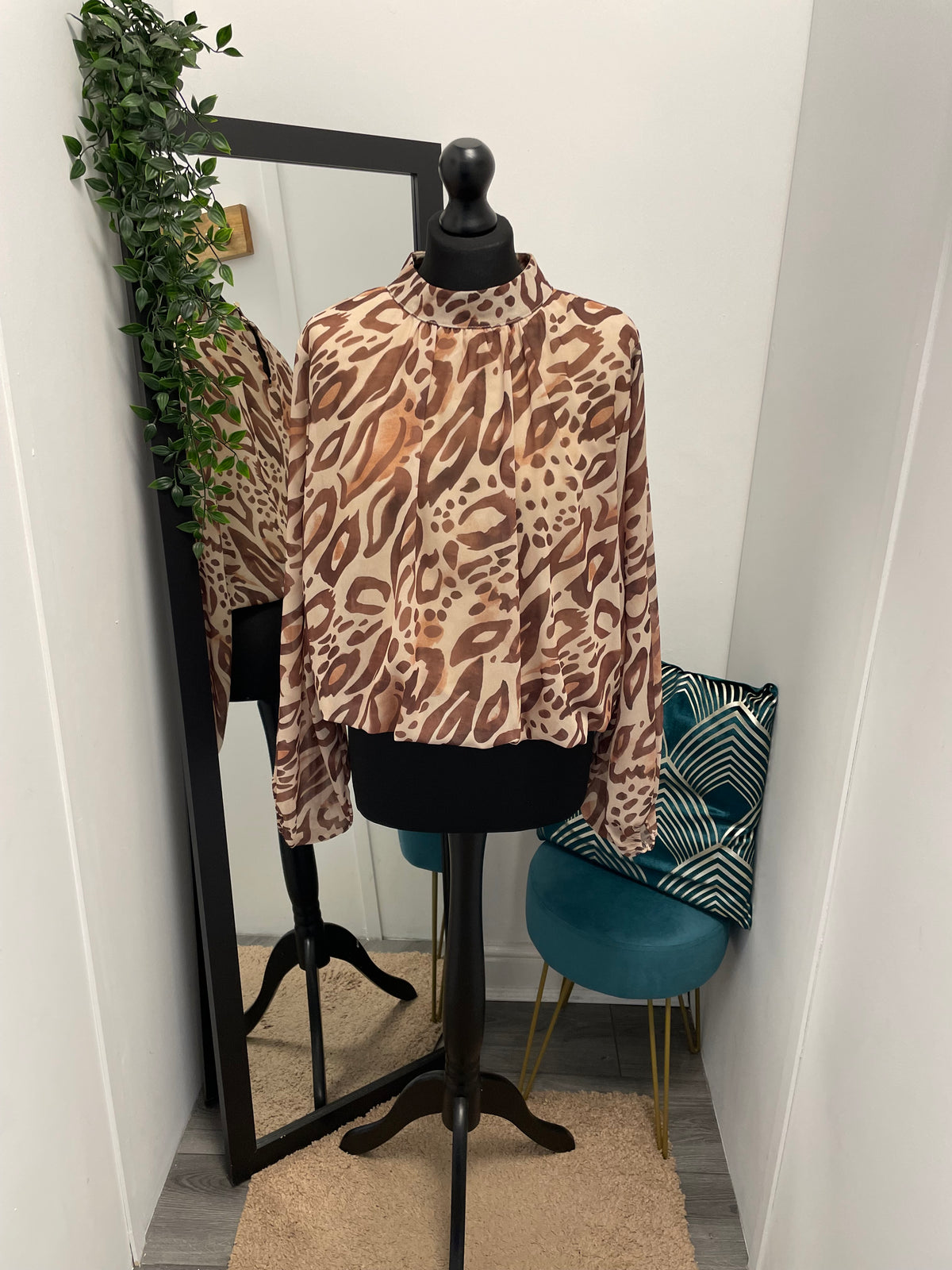 Printed High Neck Bubble Hem Blouses
