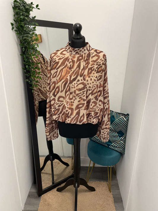 Printed High Neck Bubble Hem Blouses