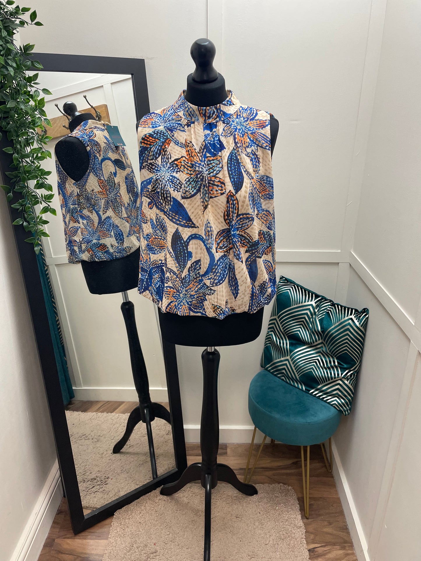 Sleeveless Bright Print High Neck Blouses
