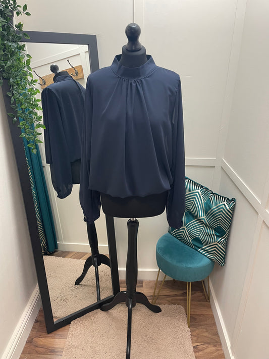 Plain High Neck Bubble Hem Blouses