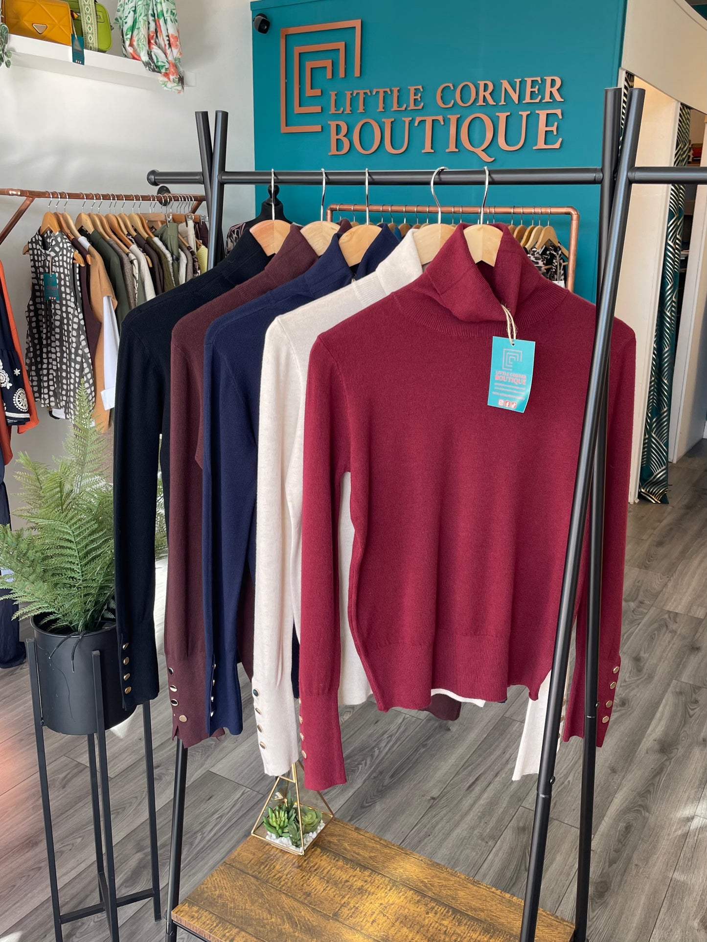 Button Sleeve Roll Neck Knit Tops