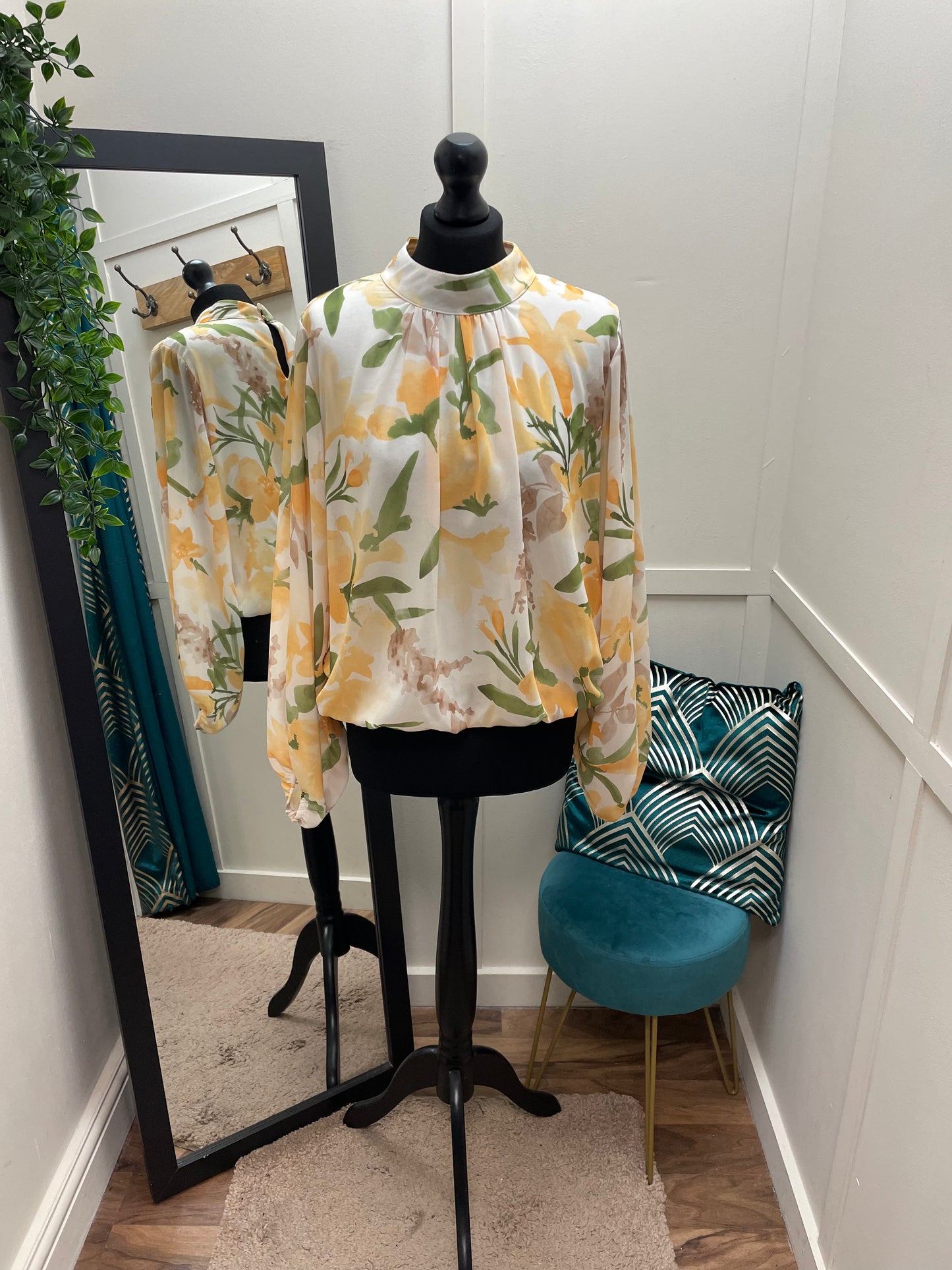 High Neck Floral Bubble Hem Blouses