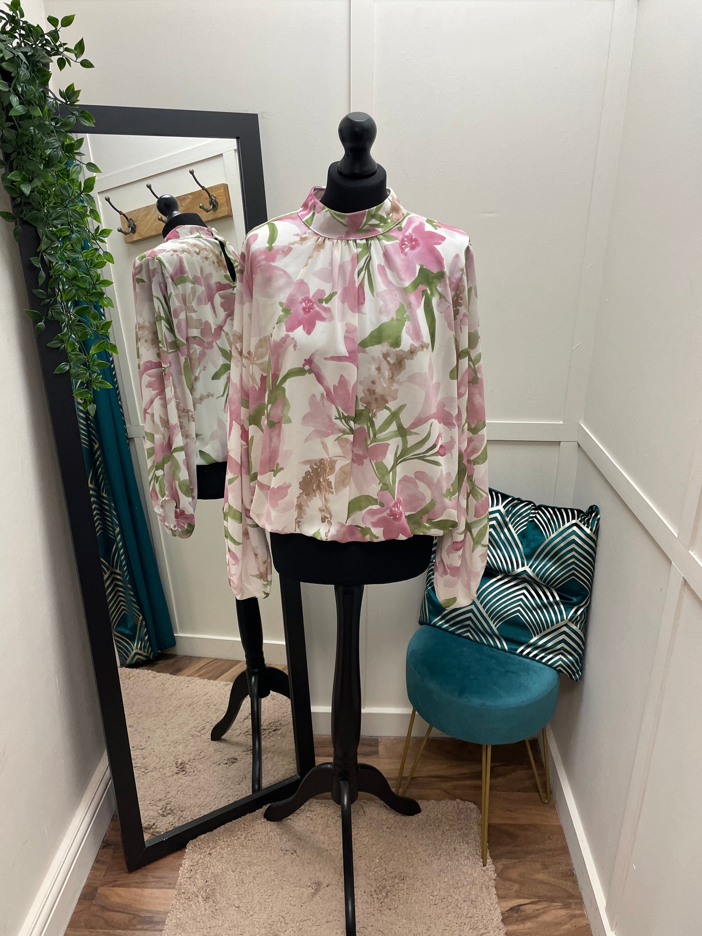 High Neck Floral Bubble Hem Blouses