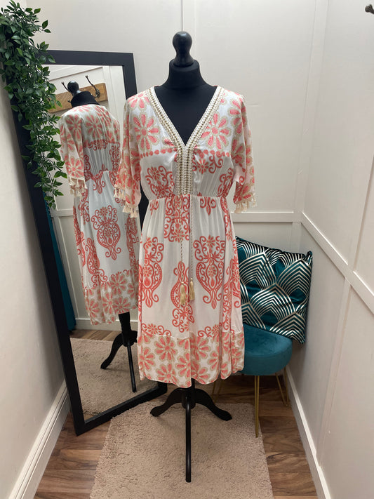 Coral Tassel Trim Dress