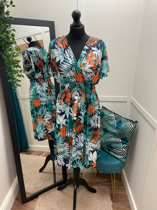 Slinky Gold Shimmer Tropical Midi Dresses
