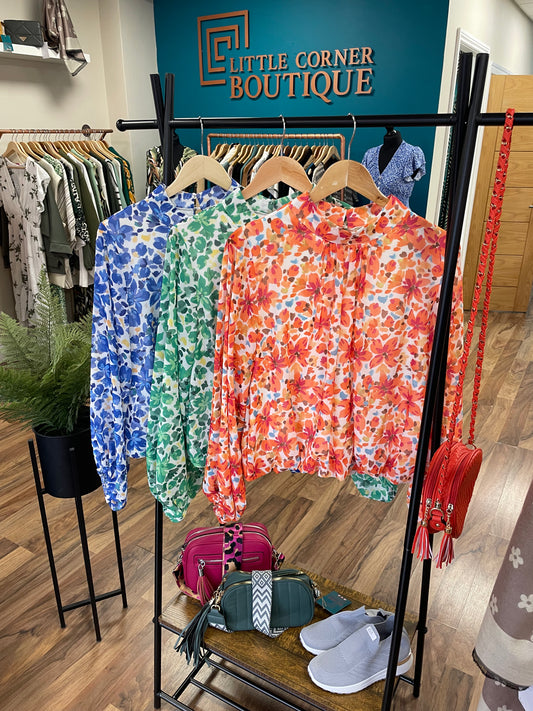 Bright Floral Print High Neck Blouses