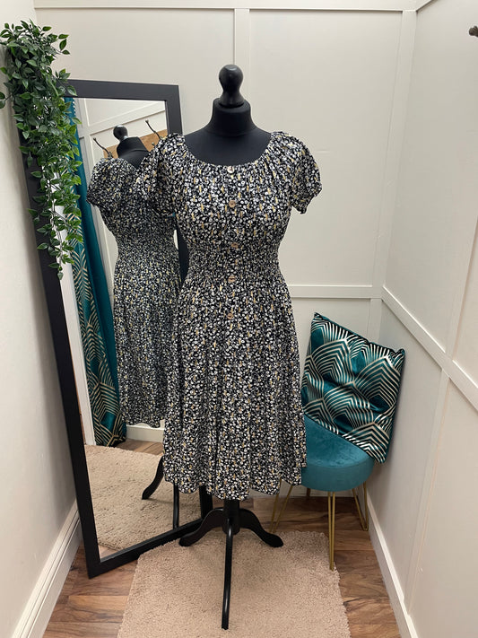 Black Floral Bardot Midi Dress