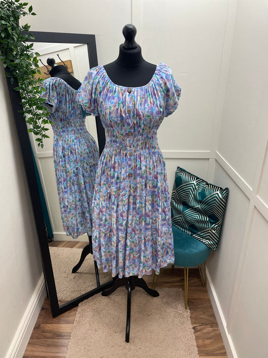 Lilac Print Bardot Midi Dresses