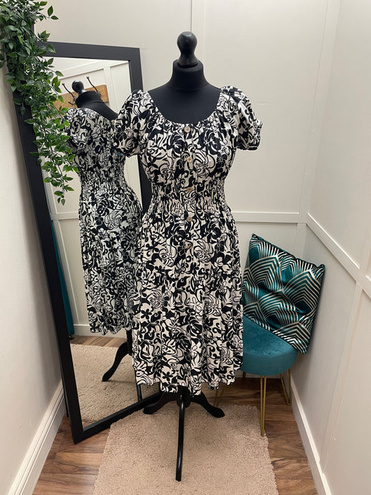 Black and White Print Bardot Midi Dresses
