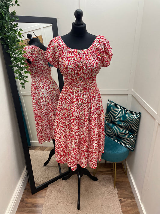 Red Shimmer Print Bardot Midi Dresses