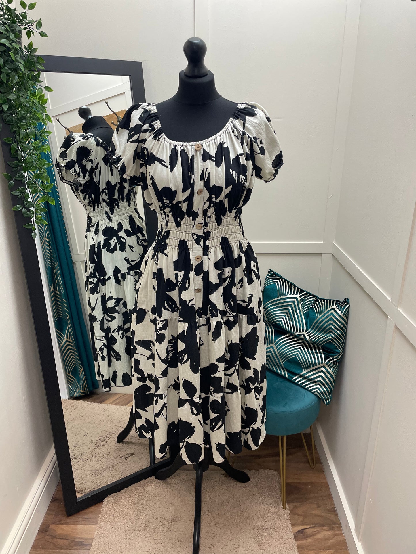 Black & Cream Print Bardot Midi Dresses