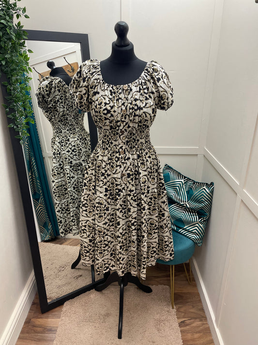 Gold Shimmer Print Bardot Midi Dresses