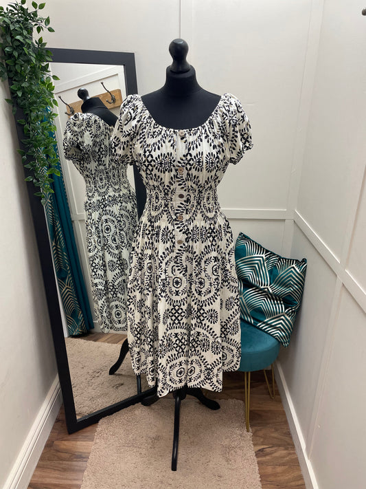 Gold Shimmer Print Bardot Midi Dresses
