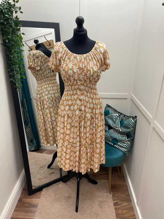Daisy Print Bardot Midi Dresses
