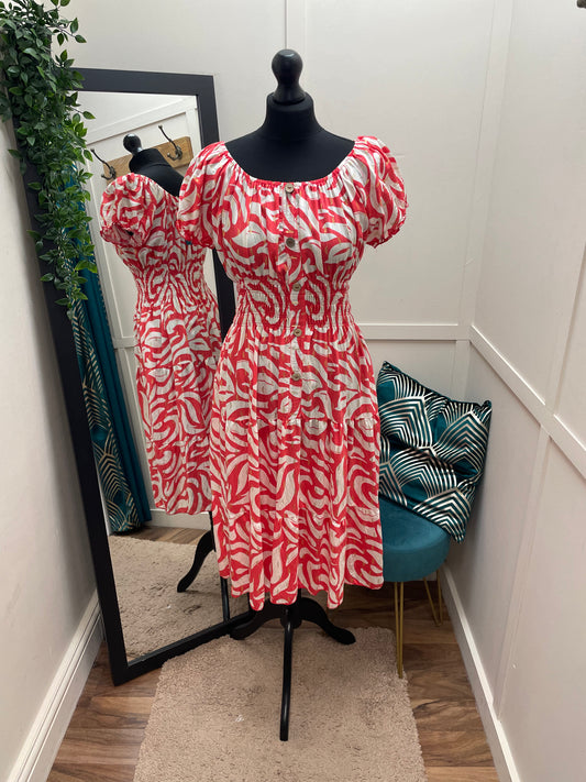 Gold Shimmer Print Bardot Midi Dresses