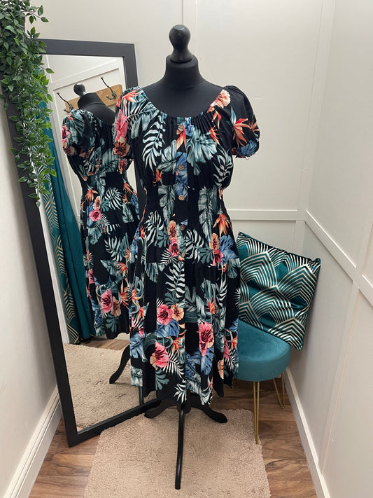 Tropical Print Bardot Midi Dresses