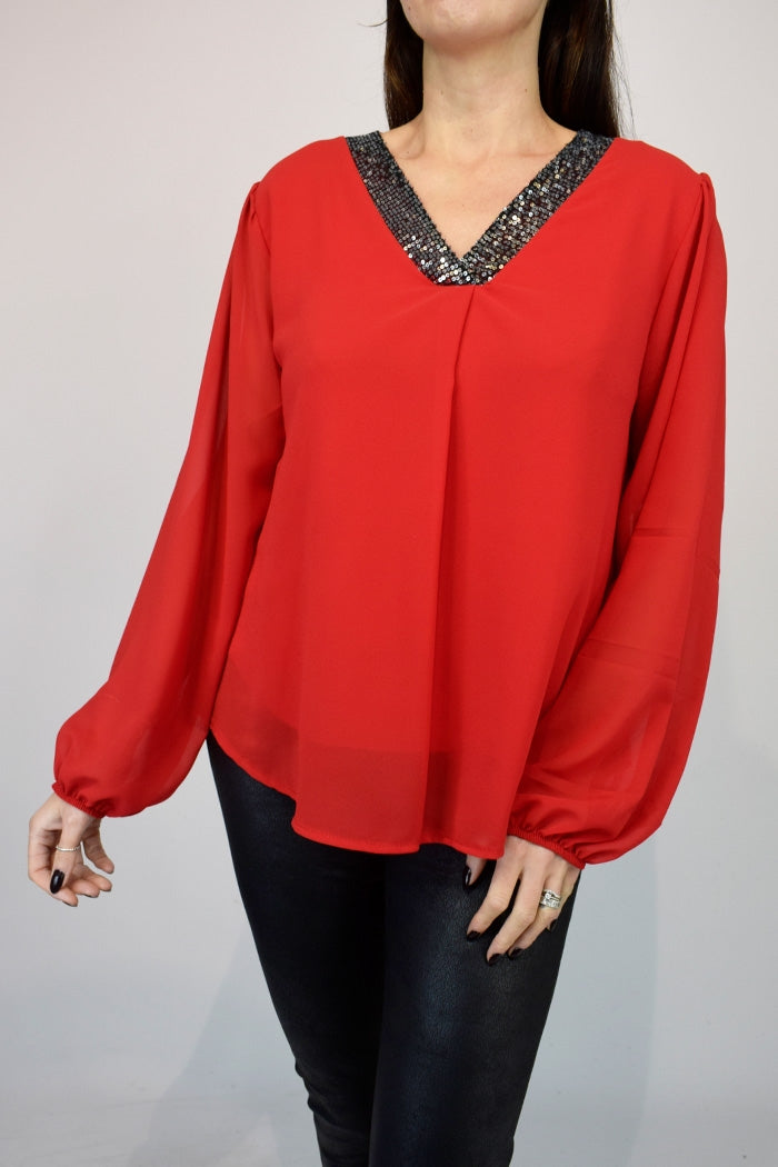 Sequin V-Neck Chiffon Tops