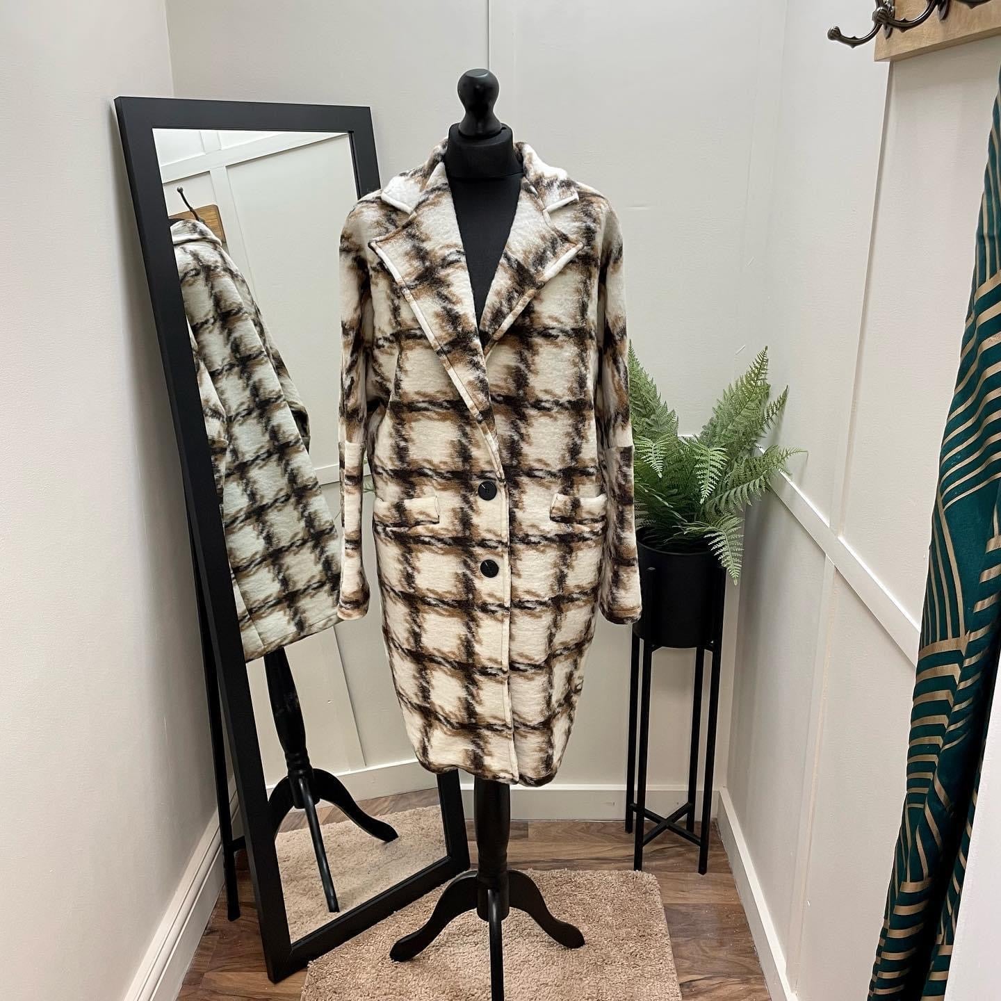 Brown Beige Check Wool Coat